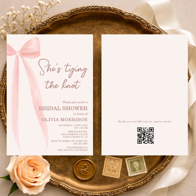 Convite QR Code She's Tying the Knot Bow Bridal Shower (Criador carregado)