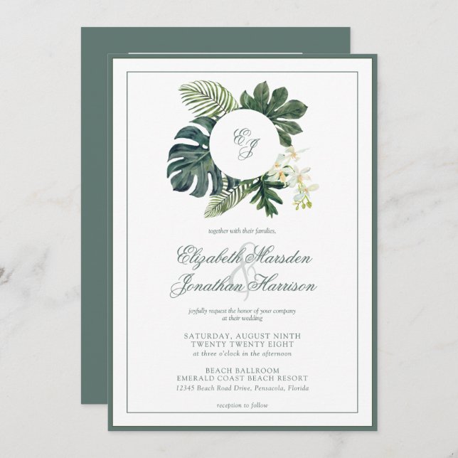 Convite QR Code Tropical Monstera Orchids Monograma Foto (Frente/Verso)