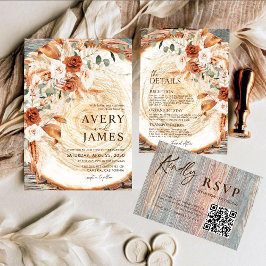 Convite QR Code Wedding Invitation Boho Pampas Wood Slice