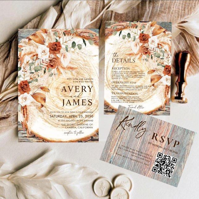 Convite QR Code Wedding Invitation Boho Pampas Wood Slice  (Criador carregado)