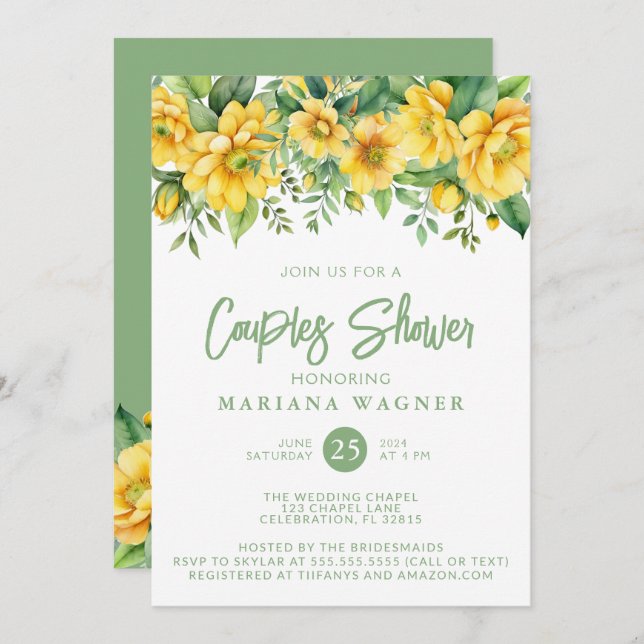 Convite QR Code Yellow Sage Floral Couples Shower  (Frente/Verso)