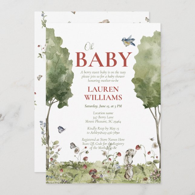 Convite QR Código Wildflower Strawberry Oh Chá de fraldas (Frente/Verso)