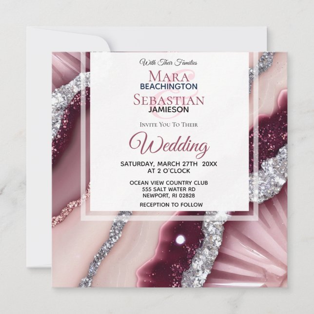 Convite *~* QR PINK BURGUNDY Agate RSVP AR66 Casamento (Frente)