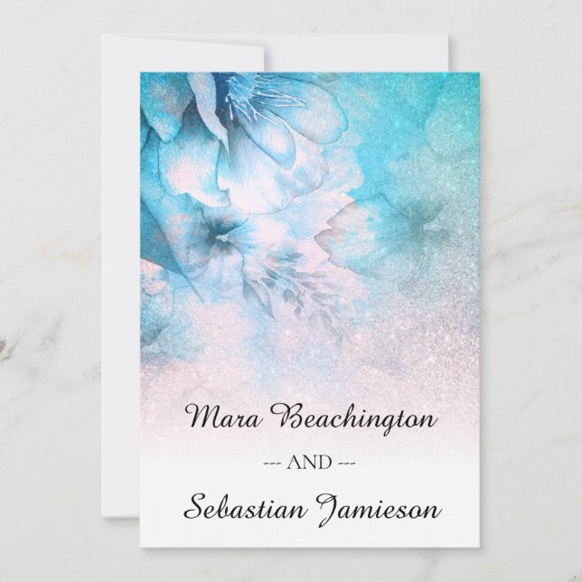 Convite *~* QR RSVP Floral Glitter Pink Aqua Casamento (Frente)