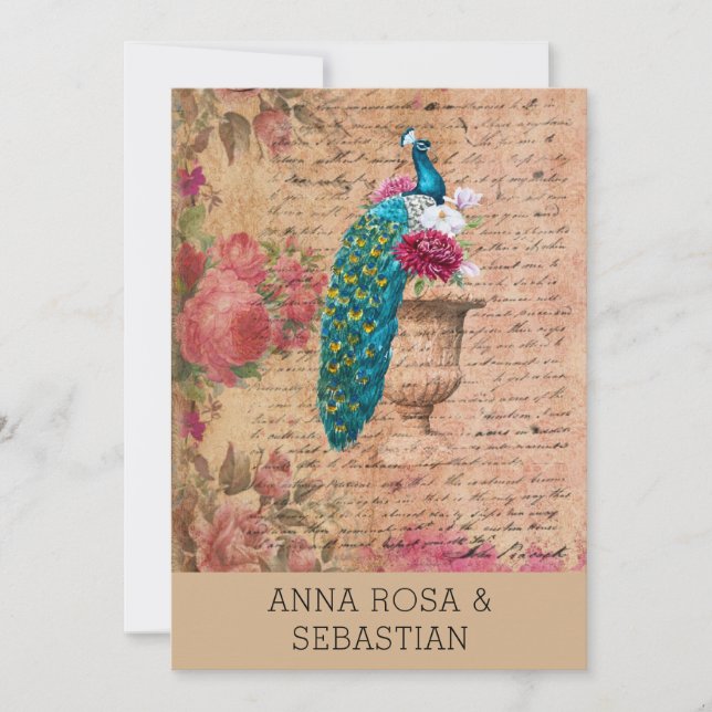 Convite *~* QR RSVP Peacock Vinaage Victorian AR24 Wedding (Frente)