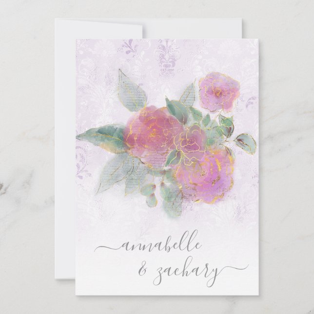 Convite *~* QR Violet Damask RSVP Rosa AR12 Casamento Invi (Frente)