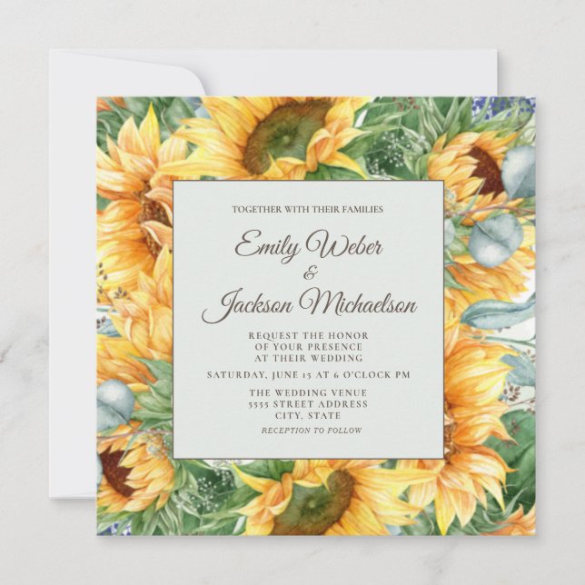 Convite Quadrado de Casamento com Girassóis e Euca (Frente)