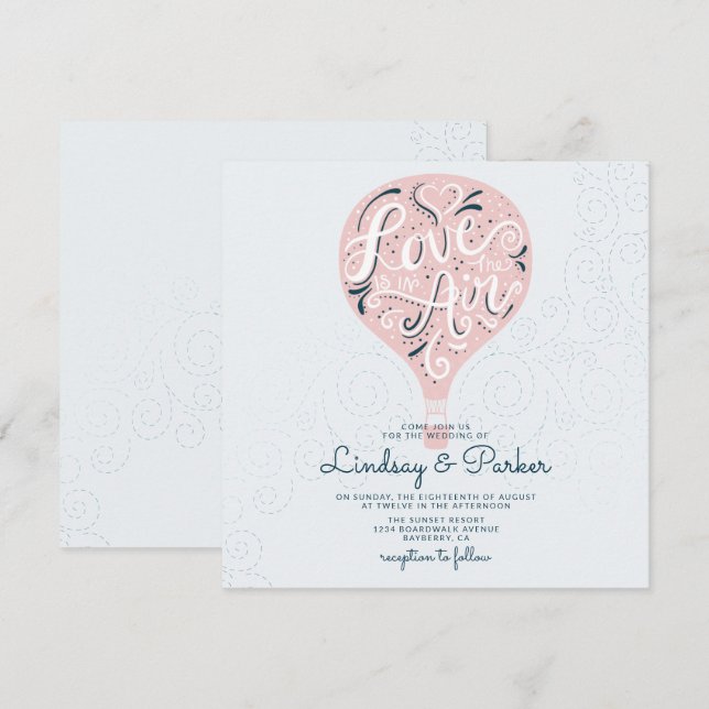 Convite Quadrado de Casamento Rosa Claro com Amor em Letra (Frente/Verso)