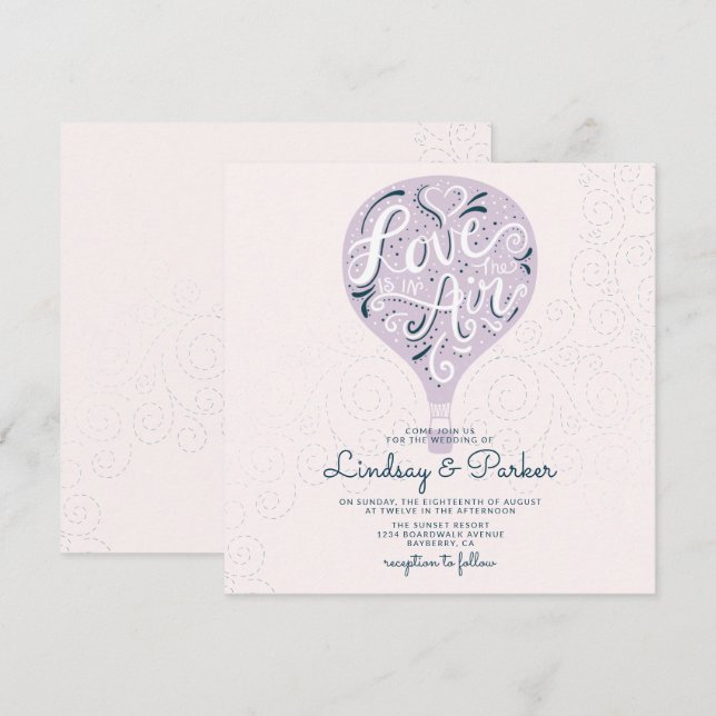 Convite Quadrado de Casamento Roxo Lavanda Amor Letrado à  (Frente/Verso)