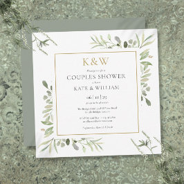 Convite Quadrado de Chuva de Casais Monograma Dourado Chic