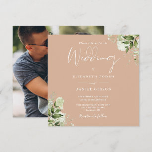 Convite Quadrado de Foto Floral de Verdura Marrom Casament