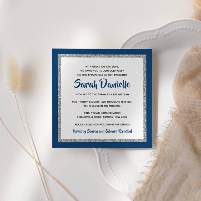 Convite Quadrado de Prata Azul do Bat Mitzvah Marinho (Criador carregado)
