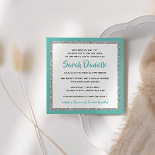Convite Quadrado do Bat Mitzvah, Teal e Prata