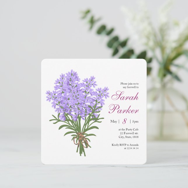 Convite Quadrado para Festa de Despedida Lavanda (Em pé/Frente)