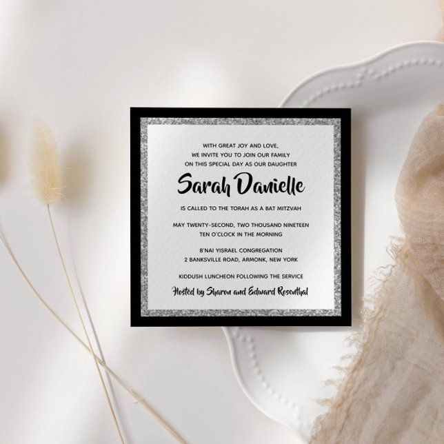 Convite Quadrado Preto de Prata Mitzvah Bat (Criador carregado)
