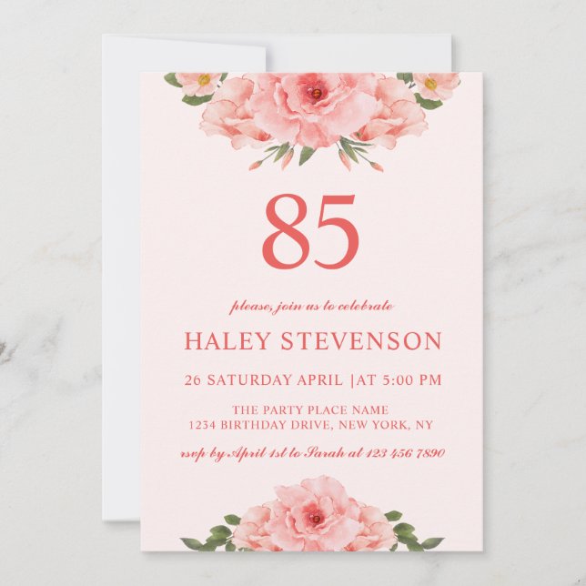 Convite Quadrícula De Coral De Aquarela Feminina Floral 85 (Frente)