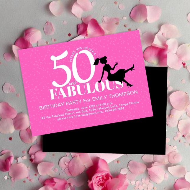 Convite Quadrícula rosa 50ª Festa de aniversário personali (50th Birthday party hot pink and black invitations. )