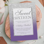 Convite Quadrinho elegante violeta de relva fina doce 16<br><div class="desc">Um moderno,  bonito e elegante chá brilhante prateado com bloco de cor violeta púrpura convite de aniversário Sweet 16 com e elegante quadro prateado Perfeito para uma princesa Doce 16.</div>