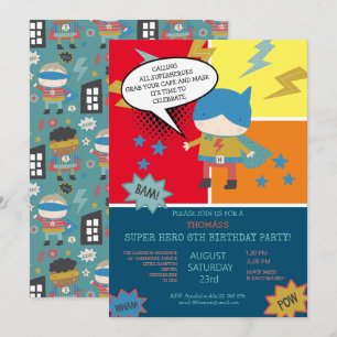Convite Quadrinhos de super-herói fofos tema infantil