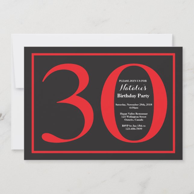 Convite Quadro aniversário de 30 anos vermelho e preto (Frente)