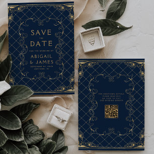 Convite Quadro Antigo Azul Marinho Dourado Casamento Salve