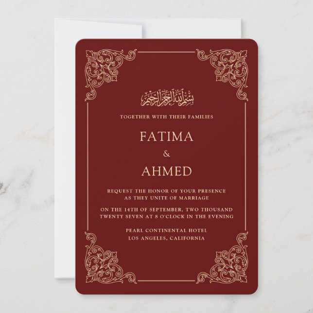 Convite Quadro Antigo Barroco Dourado Borgonha Casamento M (Frente)