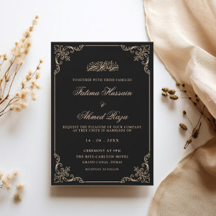 Convite Quadro Antigo Dourado Preto Casamento Muçulmano