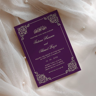 Convite Quadro Antigo Dourado Violeta Roxo Casamento Muçul