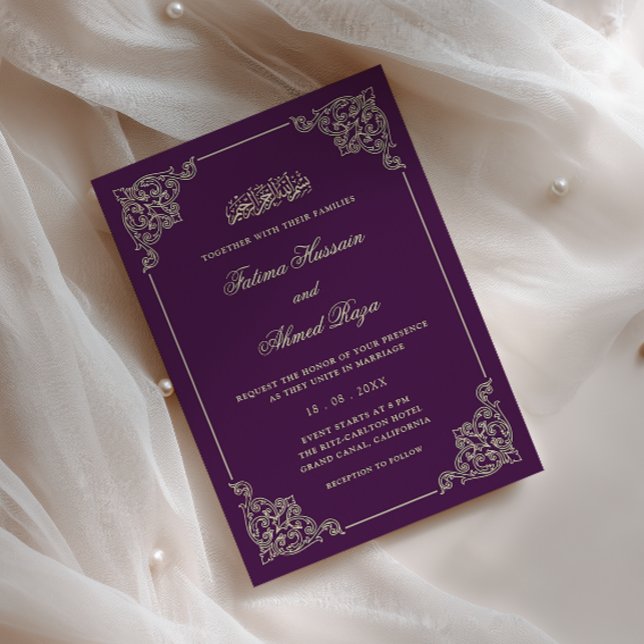 Convite Quadro Antigo Dourado Violeta Roxo Casamento Muçul (Criador carregado)