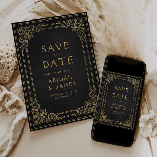 Convite Quadro Antigo Preto Dourado Casamento Salve a Data