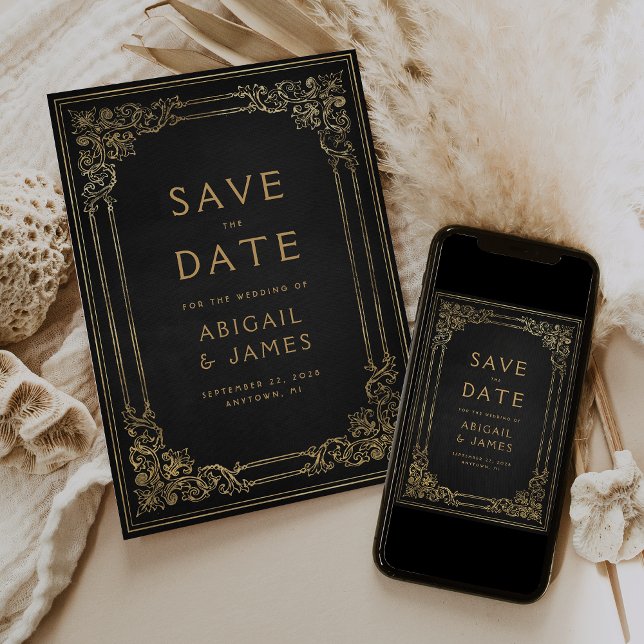 Convite Quadro Antigo Preto Dourado Casamento Salve a Data (Criador carregado)