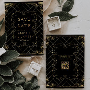 Convite Quadro Antigo Preto Dourado Casamento Salve a Data