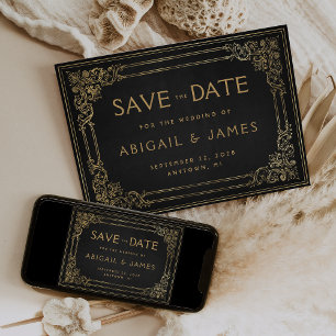 Convite Quadro Antigo Preto Dourado Casamento Salve a Data