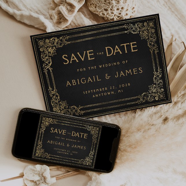 Convite Quadro Antigo Preto Dourado Casamento Salve a Data (Criador carregado)