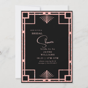Convite Quadro Art Déco com Brilho Rosa para Chá de Noiva