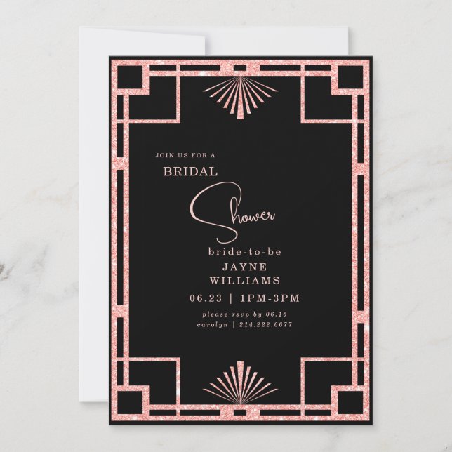 Convite Quadro Art Déco com Brilho Rosa para Chá de Noiva  (Frente)
