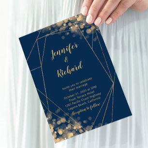 Convite Quadro Azul e Dourado do marinho com Luzes Bokee