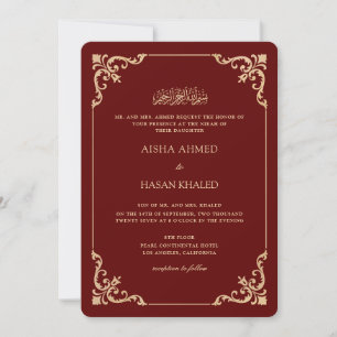 Convite Quadro Barroco Dourado Cerimônia de Nikah Burgundy