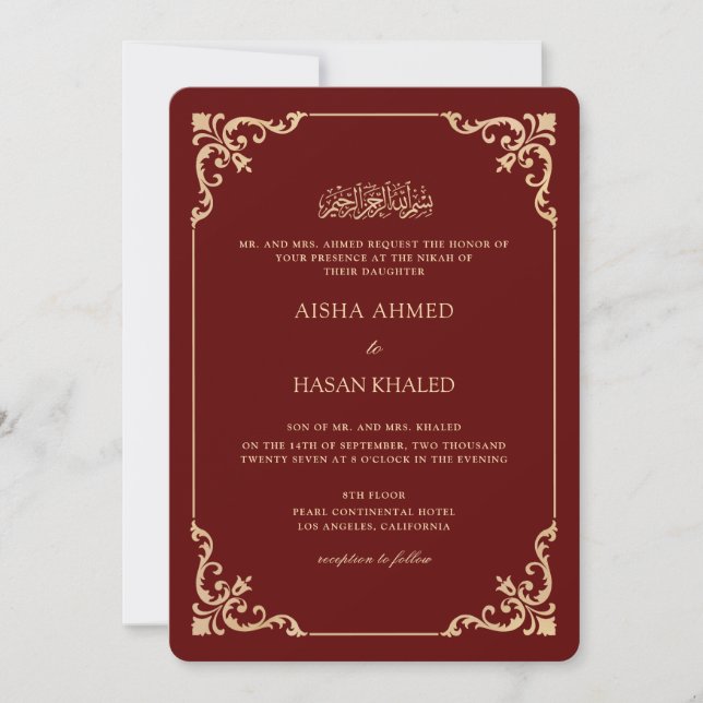 Convite Quadro Barroco Dourado Cerimônia de Nikah Burgundy (Frente)
