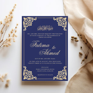 Convite Quadro Barroco Opulento Casamento Muçulmano Azul R