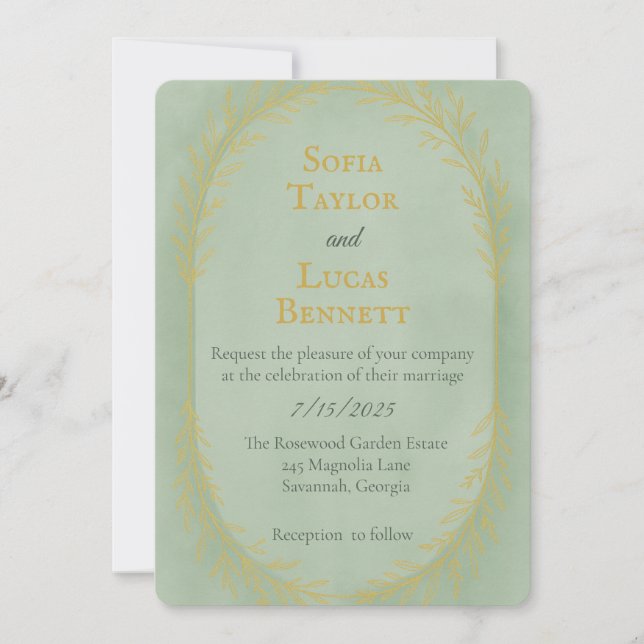 Convite Quadro Botânico Romântico Dourado Sage (Frente)