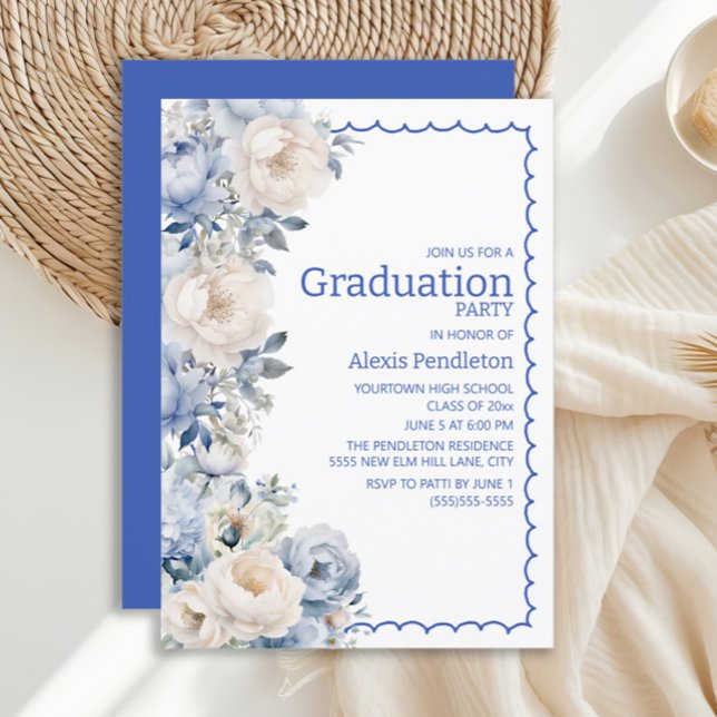 Convite Quadro branco branco branco-sujo (Dusty blue and white watercolor floral graduation party invitation)
