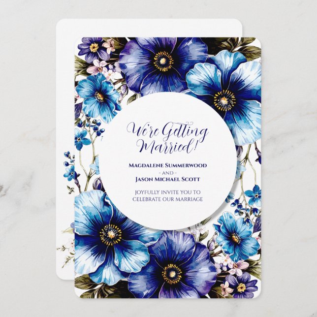 Convite Quadro Branco Círculo Azul Roxo Fundo Floral (Frente/Verso)