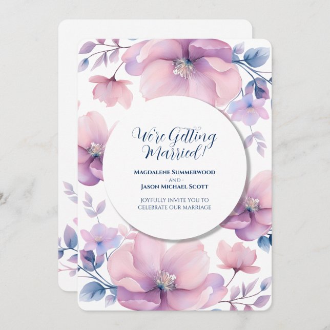 Convite Quadro Branco Círculo Azul Roxo Fundo Floral (Frente/Verso)