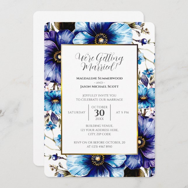 Convite Quadro Branco Dourado Fundo Floral Azul Roxo (Frente/Verso)