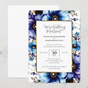 Convite Quadro Branco Dourado Fundo Floral Azul Roxo