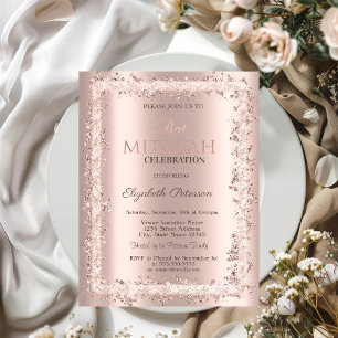 Convite Quadro Brilhante Chic Rosa Dourado Bat Mitzvah