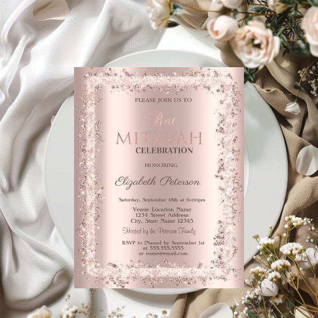 Convite Quadro Brilhante Chic Rosa Dourado Bat Mitzvah  (Criador carregado)
