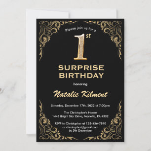 Convite Quadro brilhante Dourado e preto-e-primeiro aniver