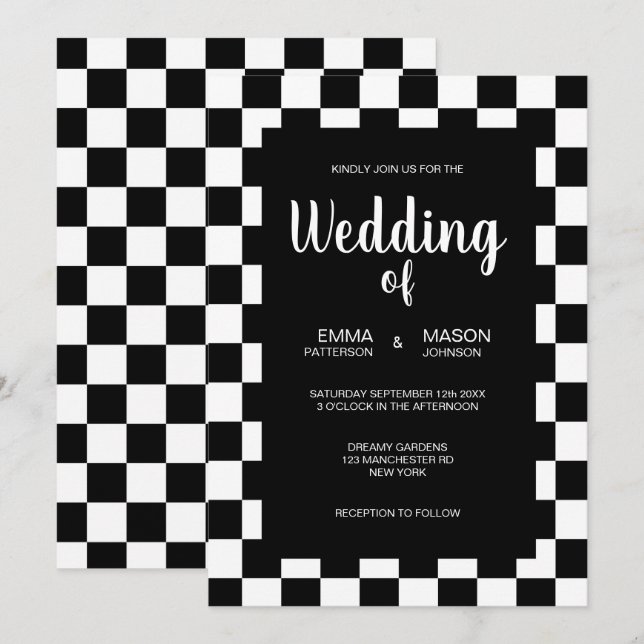 Convite Quadro clássico de Azulejos brancos e pretos (Frente/Verso)